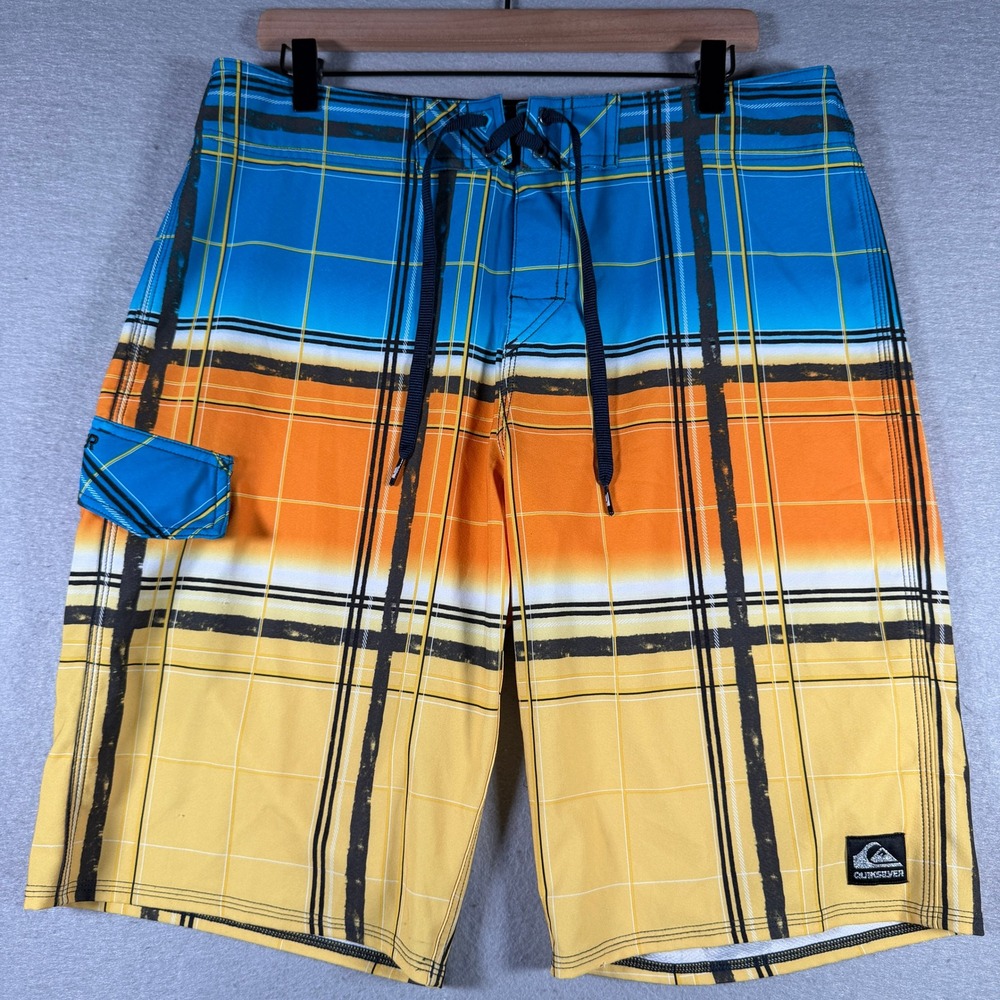 Quiksilver Cypher Series Mens Plaid Board Shorts Blue Orange Yellow Size 34